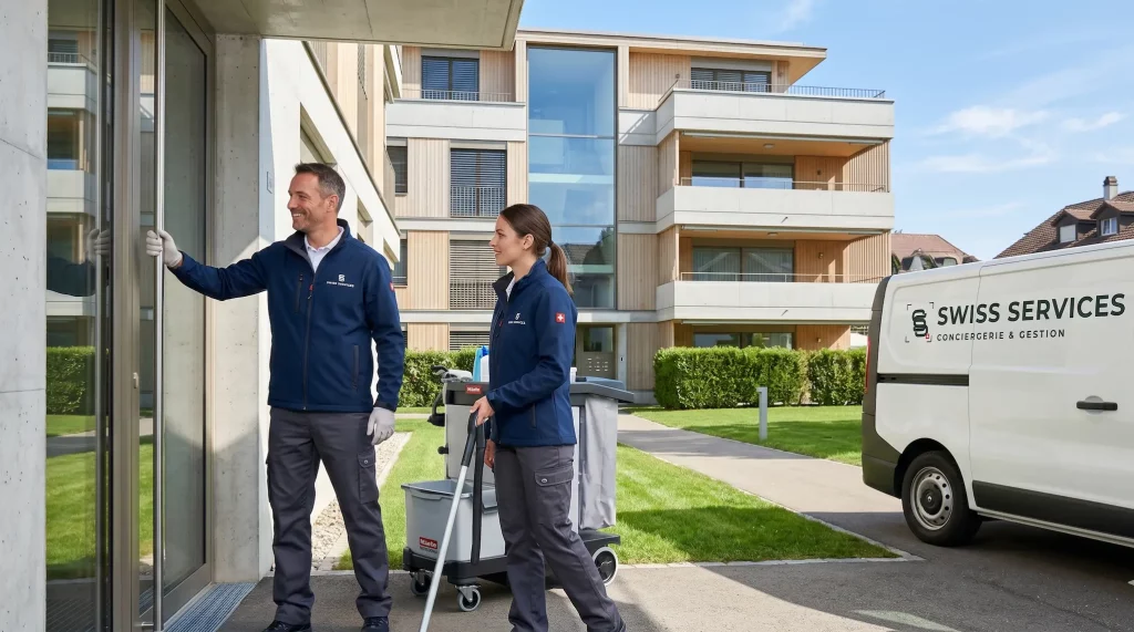 Service de conciergerie et nettoyage d'immeuble à Vevey : entretien professionnel des parties communes par Swiss Services.