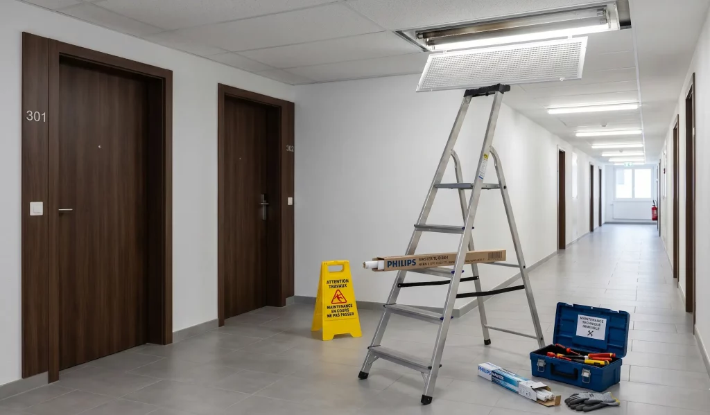 Maintenance technique d'immeuble : remplacement de tubes néons et dépannage électrique rapide par Swiss Services.
