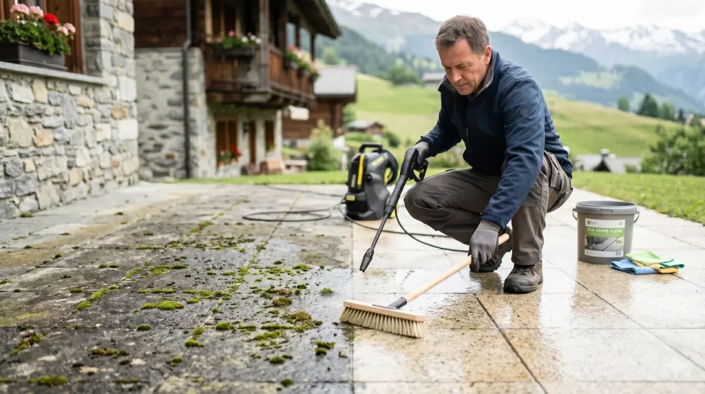 Démoussage et nettoyage des terrasses en pierre par Swiss Services